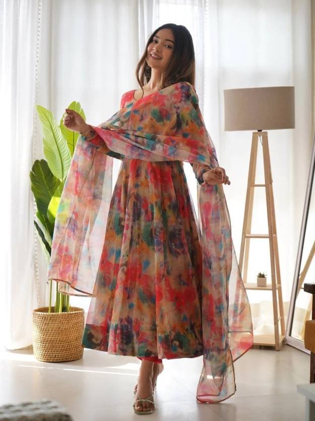 Women's Georgette Floral Printed Fit and Flare Anarkali Kurta with Dupatta